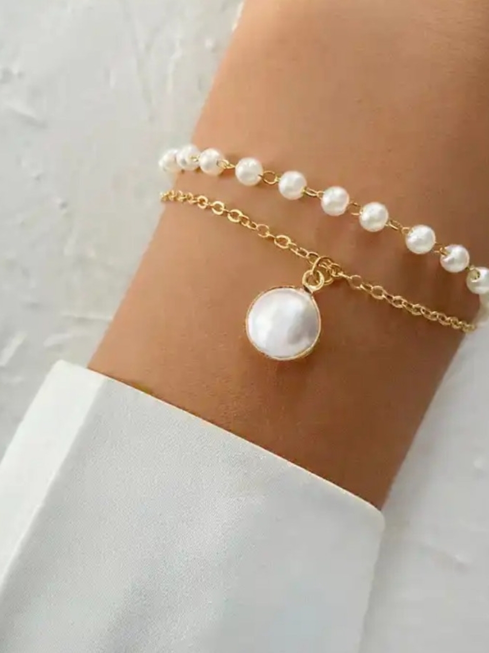 Gold Pearl Layered Bracelet - Classic White Pearls